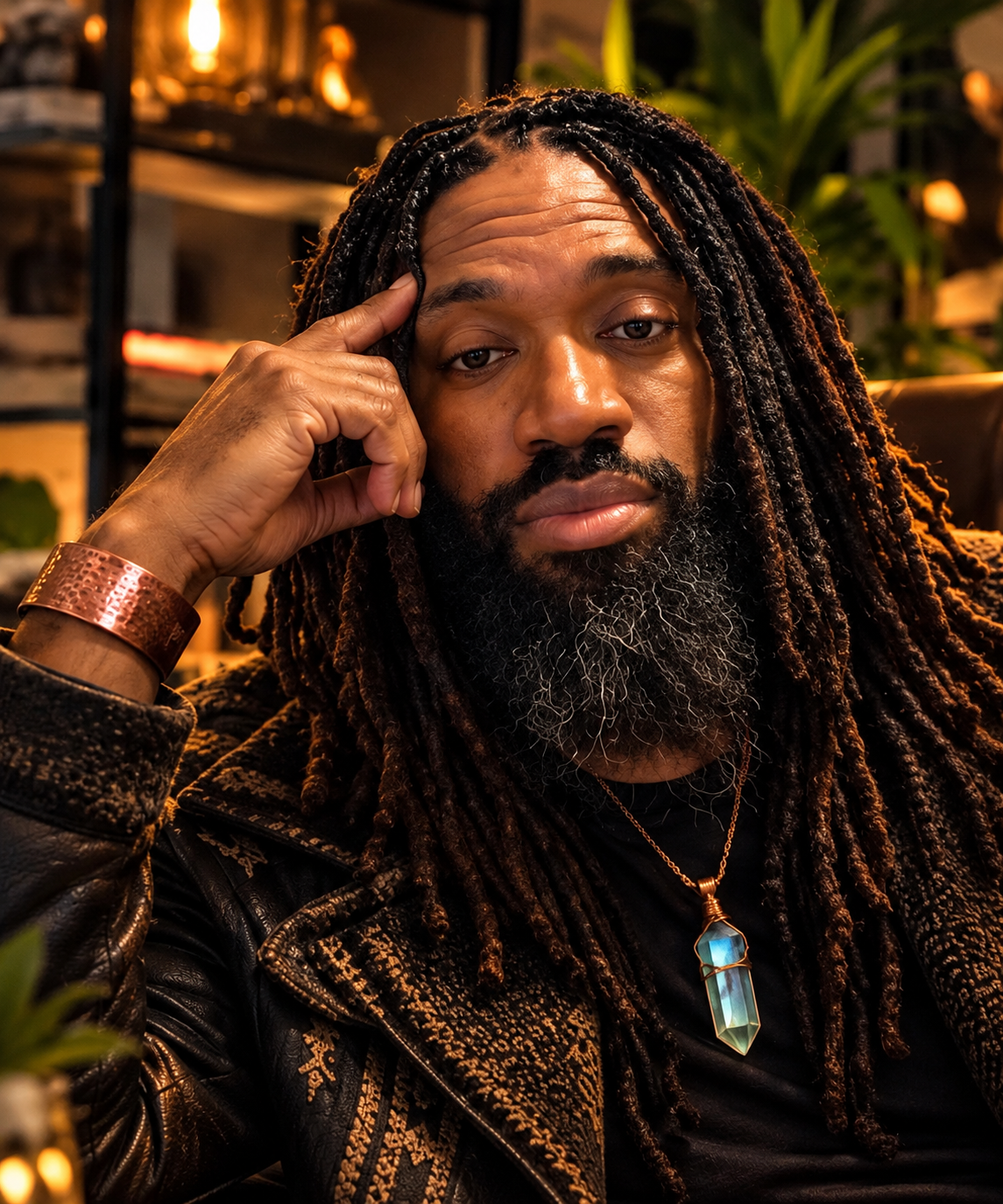 DQ AllTrue, UGC creator and storyteller, in warm interior light wearing a copper cuff and crystal pendant